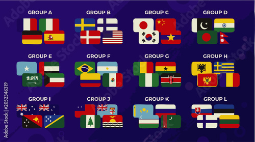 Twelve groups of international national flags arranged in a grid, labeled group a through group l, set against a dark purple background