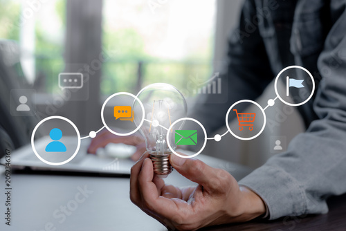 Customer journey funnel concept with user, communication, email, shopping cart and conversion icons on virtual interface, representing digital marketing, lead nurturing and sales growth.