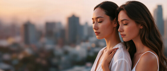 Two beautiful diverse women standing together with eyes closed in a peaceful moment of connection on a city rooftop at sunset, experiencing serenity 