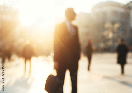 Anonymous businessman in formal suit holding briefcase walking through city street at sunset with warm golden hour light and blurred urban background for corporate concepts