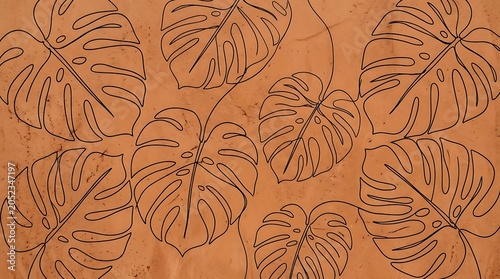 Minimalist monstera leaf line art pattern on terracotta textured background boho aesthetic