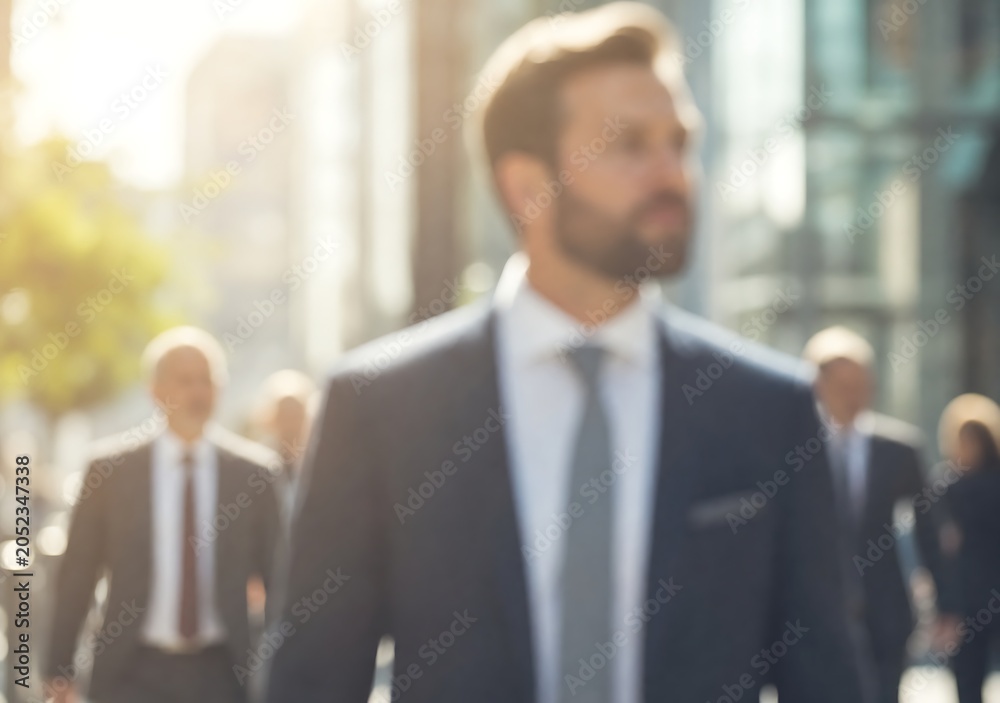 Fototapeta premium Confident bearded businessman in dark suit walking through urban business district with blurred city background and colleagues in motion representing corporate ambition