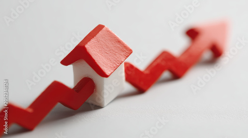 Mortgage rate line graph house model interest rate real estate upward trend finance concept with red arrow rising behind home