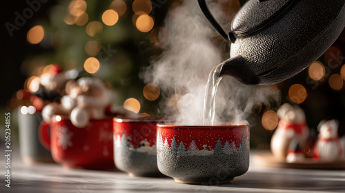 Steaming teapot close up hot tea christmas cup festive drink winter holiday pour, cozy kitchen mood with bokeh light