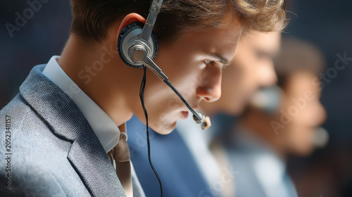 Call center agent headset microphone customer service business professional office Close up of call center agent wearing