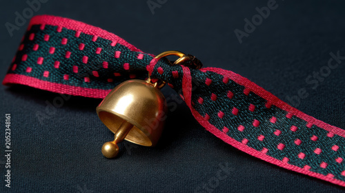 Bookmark ribbon tiny bell red ribbon black ribbon polka dot gift decoration macro detail dark background