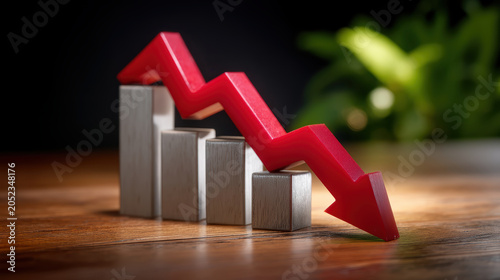 Downtrend bar graph red arrow finance market decline recession economy, red arrow pointing down over bar graph wooden desk