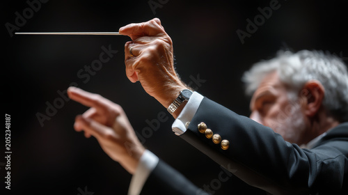 Conductor hand baton orchestra music performance concert close up leading symphony formal suit, expressive gesture stage