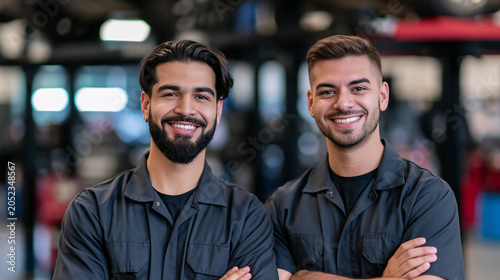  Portrait professionnel de deux mécaniciens automobiles souriants en uniforme gris, debout dans un atelier de réparation ou un concessionnaire. Concept de travail d'équipe, de service client de confia