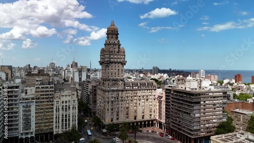 Aerial drone view rising up Salvo Palace tower, Ciudad Vieja, Montevideo, Uruguay