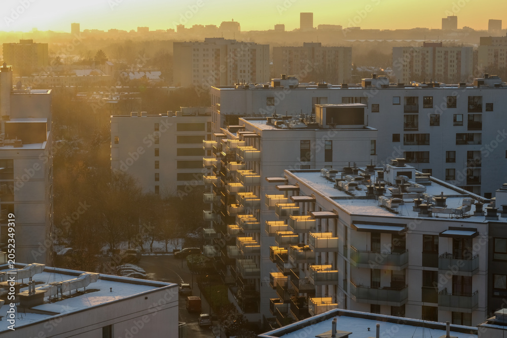 Fototapeta premium Warsaw residential area during golden sunrise
