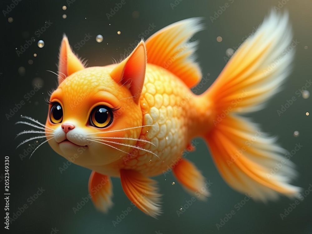 Fototapeta premium Fantasy creature combining cat face with goldfish body swimming underwater.
