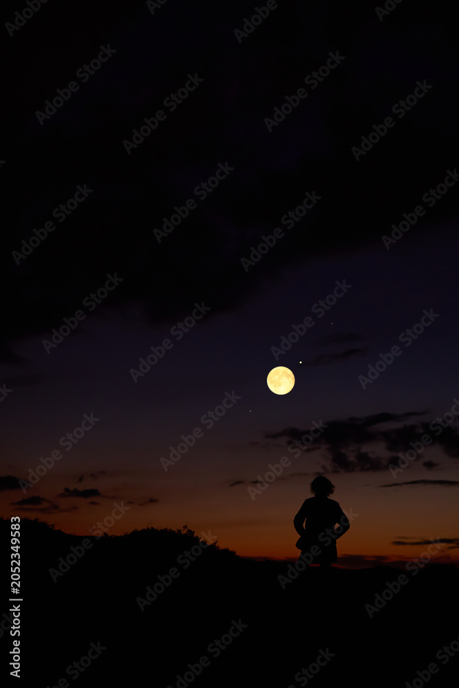 Obraz premium Woman observing stars, planets, Moon and other celestial objects.