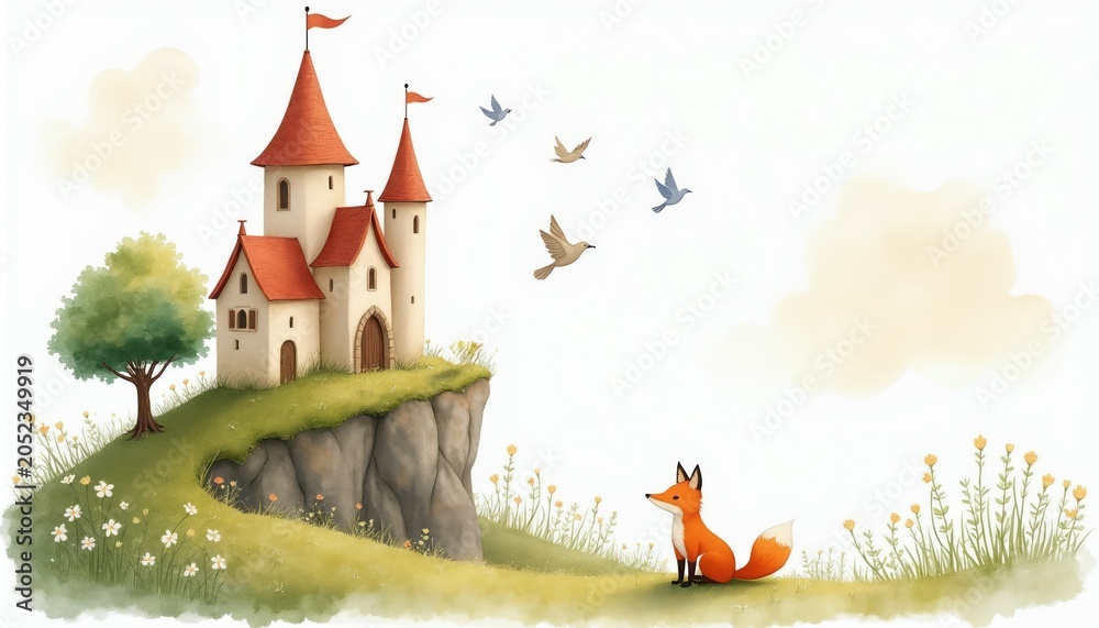 Fototapeta premium Fox sits on grassy hill near fairytale castle. Birds fly in blue sky above cartoon landscape. Sunny day in fantasy world, whimsical nature scene.