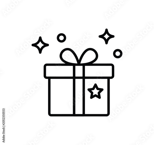 Gift Box Icon with Sparkles: A simple line art icon depicting a gift box with a ribbon and bow, surrounded by stars and sparkles, representing a special present or surprise.