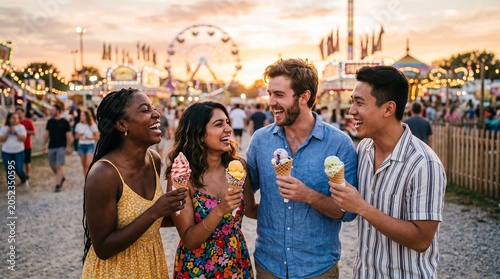 Diverse friends laughing and eating ice cream cones at county fair