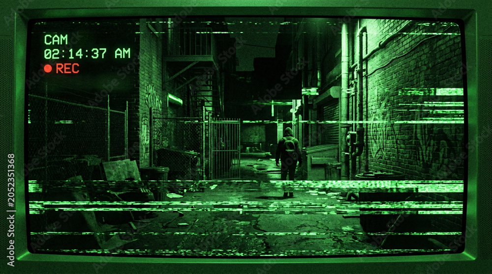 Obraz premium Green night-vision security camera footage showing a hooded figure walking down a dark, narrow alleyway with prominent tracking line distortion.