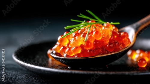A visually appealing close-up of gourmet salmon roe presented on a black spoon, garnished with chives, emphasizing the luxurious and delectable texture of the dish.