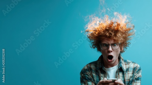 This whimsical image captures a young man with wild hair, portraying an exaggerated shocked expression while gaming, showcasing excitement and surprise in a playful manner.