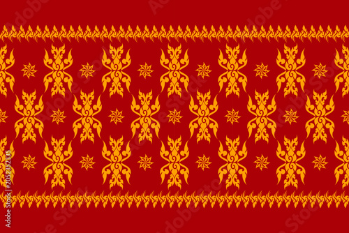 Traditional Thai Gold Pattern on Red Background – Seamless Thai Ornament Vector for Textile and Decorative Design