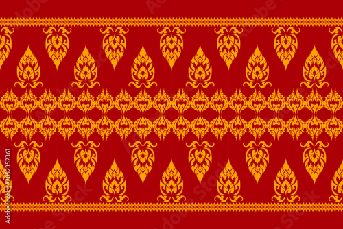 Traditional Thai Gold Ornament Pattern on Red Background – Seamless Thai Textile and Decorative Vector Design