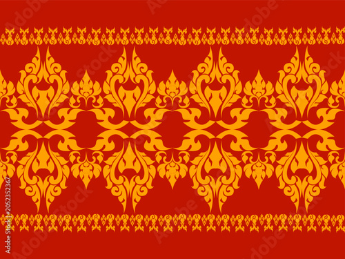 Golden Thai Traditional Pattern on Red Background, Elegant Symmetrical Thai Ornament Design for Decorative Backgrounds, Textile Prints, Packaging, Wallpaper and Cultural Graphic Projects
