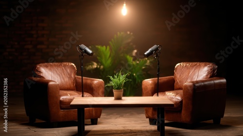 A cozy podcast setup featuring leather armchairs, microphones, and a plant, creating an inviting ambiance for engaging conversations and storytelling.