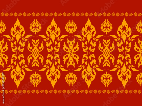 Elegant Thai Gold Ornament Pattern on Red Background – Seamless Traditional Thai Vector Design