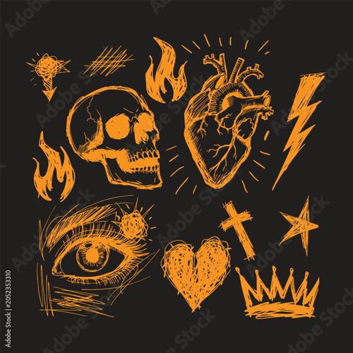 Hand Drawn Gothic Doodles Featuring Skulls Hearts And Eyes