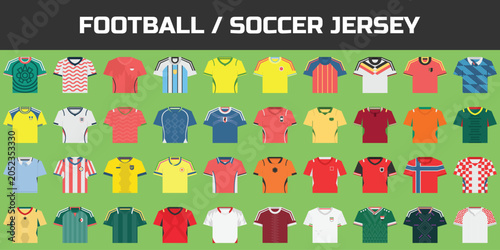 40 Football Soccer Jersey Icons Collection Vector Set, International National Team Uniform Shirts Flat Design for Sports, Tournament and Championship