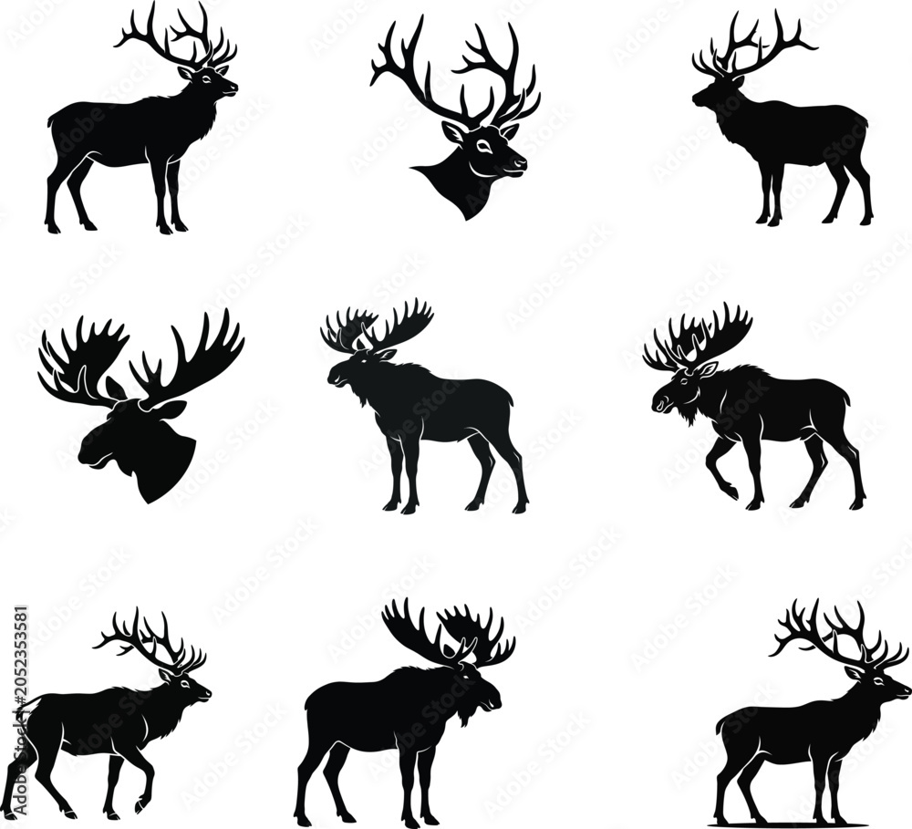 Fototapeta premium Collection of deer and moose silhouettes showcasing various antler styles and animal poses for outdoors theme