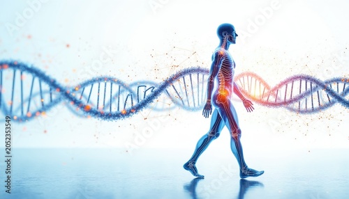 Human anatomy model walks near helix DNA strand. Body structure, genetics, science research, biology innovation, medical study, life research concept.