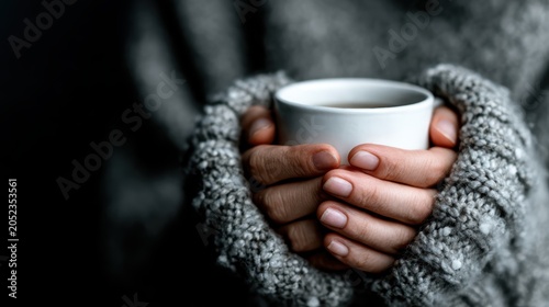 A cozy scene featuring a pair of hands wrapped around a warm cup, evoking feelings of comfort and relaxation, perfect for chilly evenings or moments of reflection.