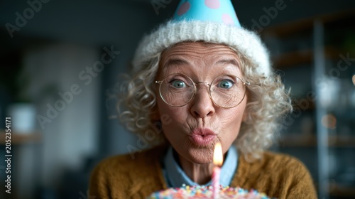 An excited elderly woman wearing a festive hat and glasses, blowing out a candle on a beautifully decorated birthday cake, exuding joy and celebration in her expression.