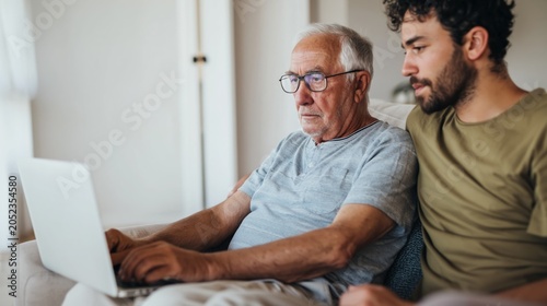 Elderly Couple Sharing Computer Time, Comfortable Home Environment