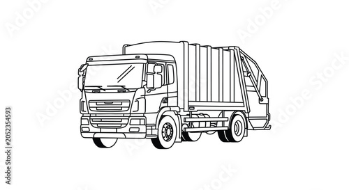 Fotografie Garbage truck line drawing on a white background