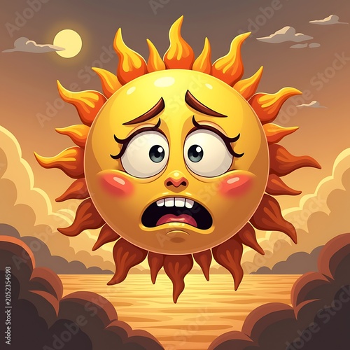 Shocked cartoon sun face with wide eyes over sunset, with copy space. This character is useful for mental health awareness blogs and kids emotional wellness posters.