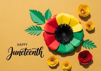 Happy Juneteenth Paper Flower with Red Yellow Green Petals and Yellow Background