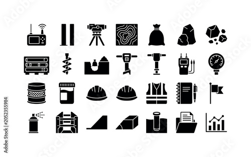 Terrain Engineering Tools. Solid glyph icon set of site survey and geotechnical prep: GPS receiver, measuring rod, level instrument, contour map, soil bag, rock sample, core tray, auger bit, test pit,