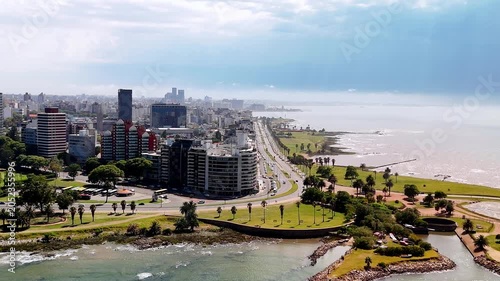 Aerial drone view of Punta Brava coastline and Rambla, Montevideo, Uruguay