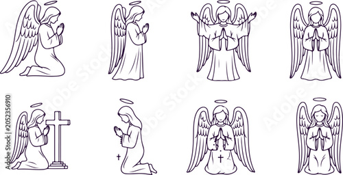 Slika na platnu Collection of angel figures praying and posing with holy symbols for spiritual and religious themes