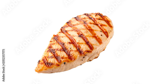 Obraz na plátně Juicy grilled chicken breast fillet with dark golden char marks isolated on tran