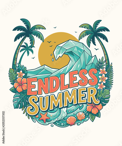 Endless Summer Tropical Wave and Palm Trees T Shirt Design Vector Illustration
