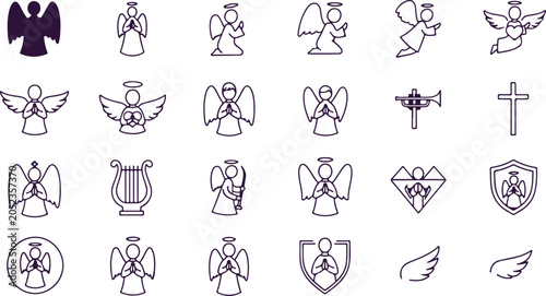 Photography Outline icons of angels, religious symbols, and musical instruments on transparent background