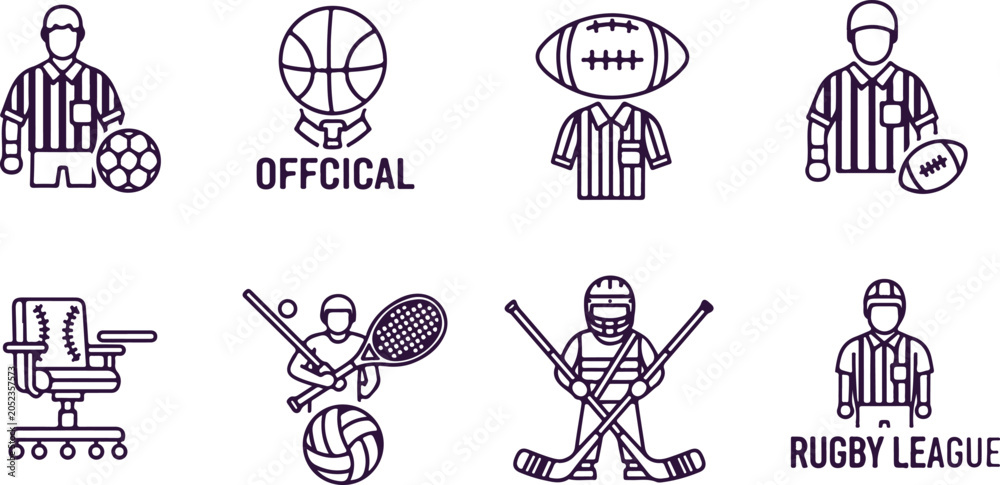 Naklejka premium Set of sport icons including referee, basketball, rugby, tennis and hockey equipment.