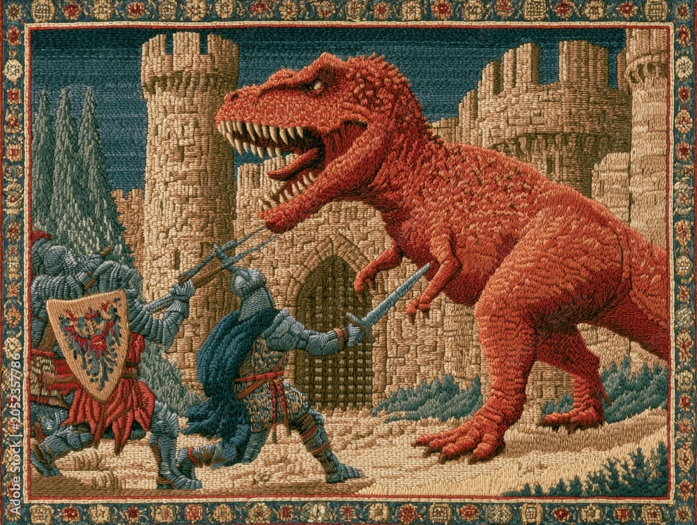 Fototapeta premium Ancient Battle: Knights Confront a Large Red Creature Before Castle Wall