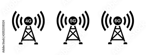 Wireless Network Tower Icon Set for 4G, 5G and 6G Connectivity, Mobile Communication Antenna Symbols for Web, App and Technology Design, Flat Vector Illustration.