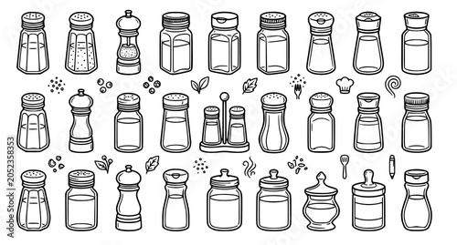 Canvastavla Collection of hand drawn salt and pepper shakers and condiment bottles