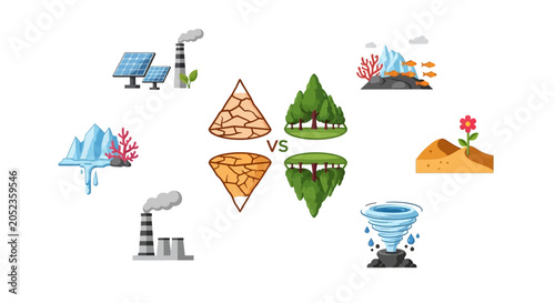 Environmental icons comparing pollution and nature.