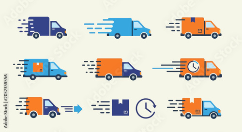Delivery trucks in motion with clocks.